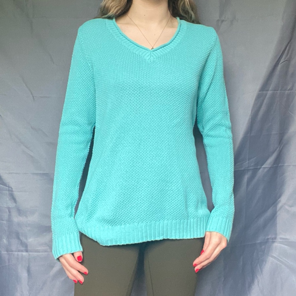 Studio Works Large Teal Blue Knit V-Neck Longsleeve Sweater